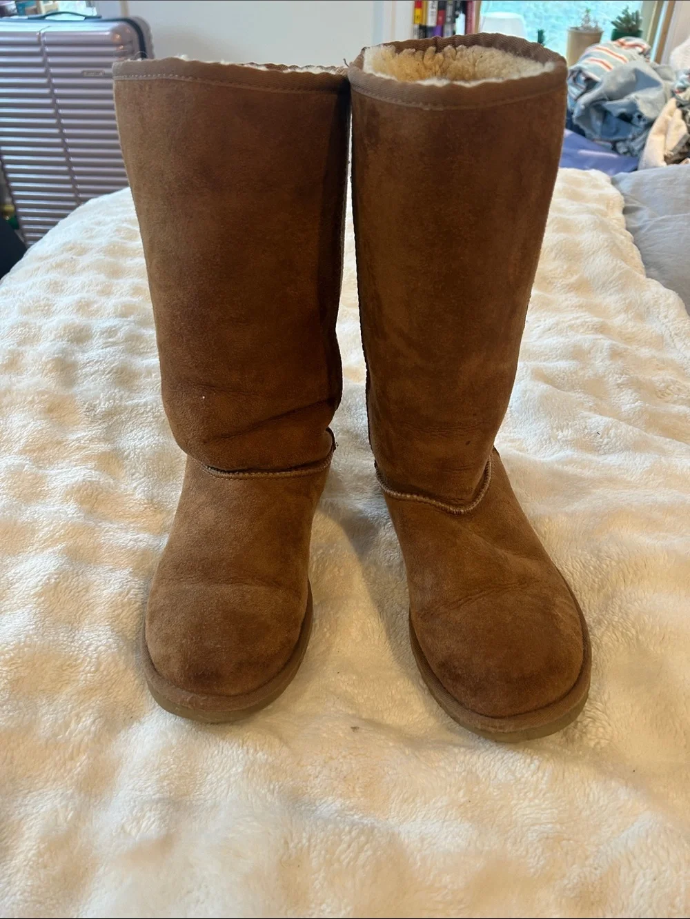UGG Tall Shearling-Lined Suede Boots in Chestnut